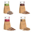 BBQ-Räucherholzstücke, Pellets und Chips in braunen Papiertüten, verschiedene Holzsorten, grobe und feine Texturen, ideal für das Grillen und Räuchern