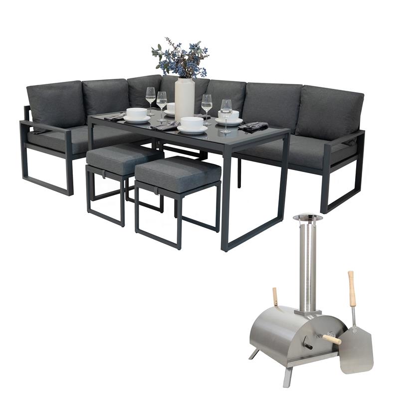 Tisch-Pizzaofen & Aluminium-Ecksofa-Set – Anthrazitgrau