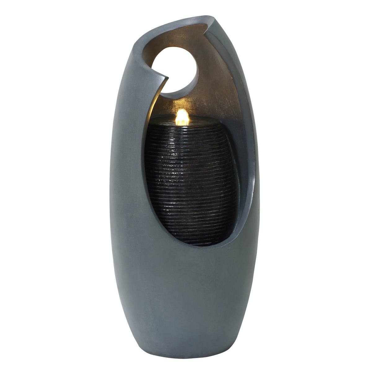 Elegantes elektrisches Wasserspiel in grauem Design mit strahlenden Wasserfällen und sanftem Licht, ideal für entspannende Atmosphären