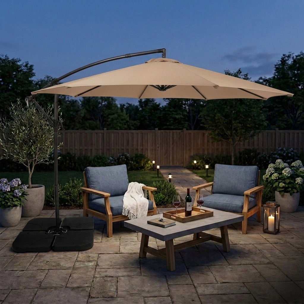 Ausleger-Sonnenschirm 3m mit Quadratischem Beschwerungsfuß – Beige