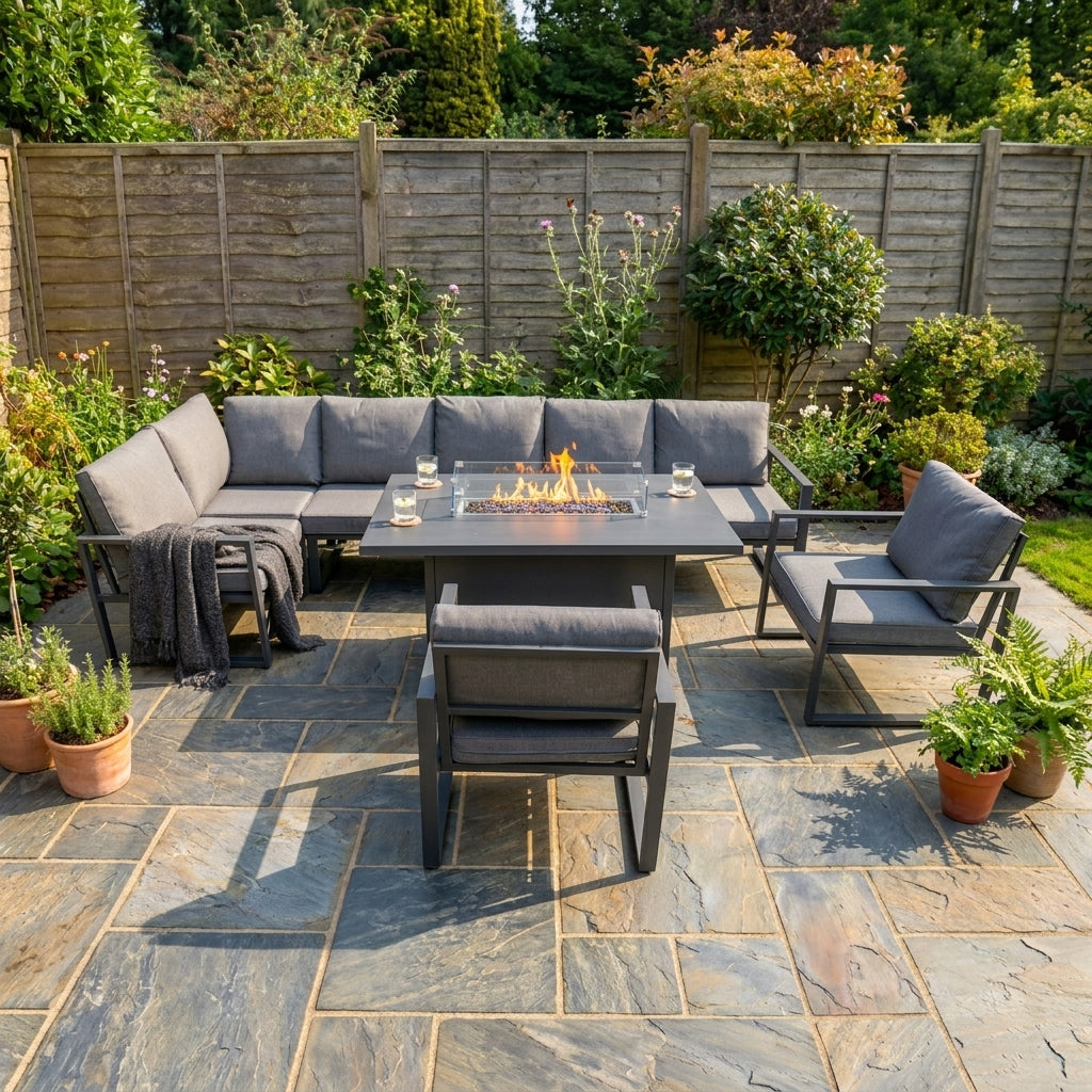 Aluminium-Gartenmöbel-Set für 7 Personen mit Feuerstelle