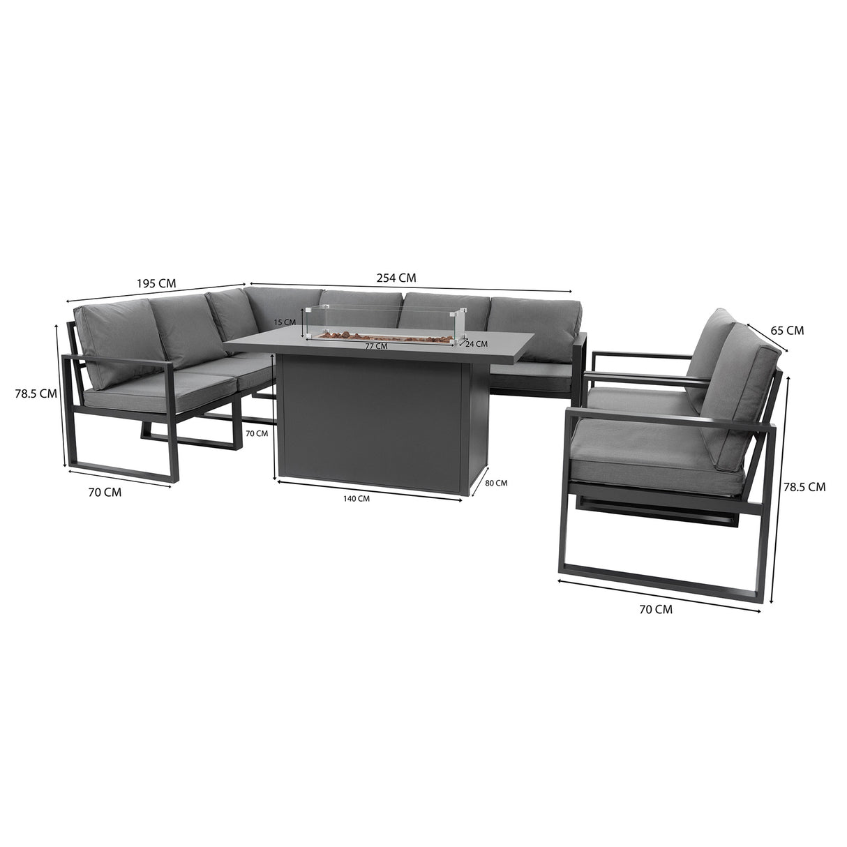 Aluminium-Gartenmöbel-Set für 7 Personen mit Feuerstelle