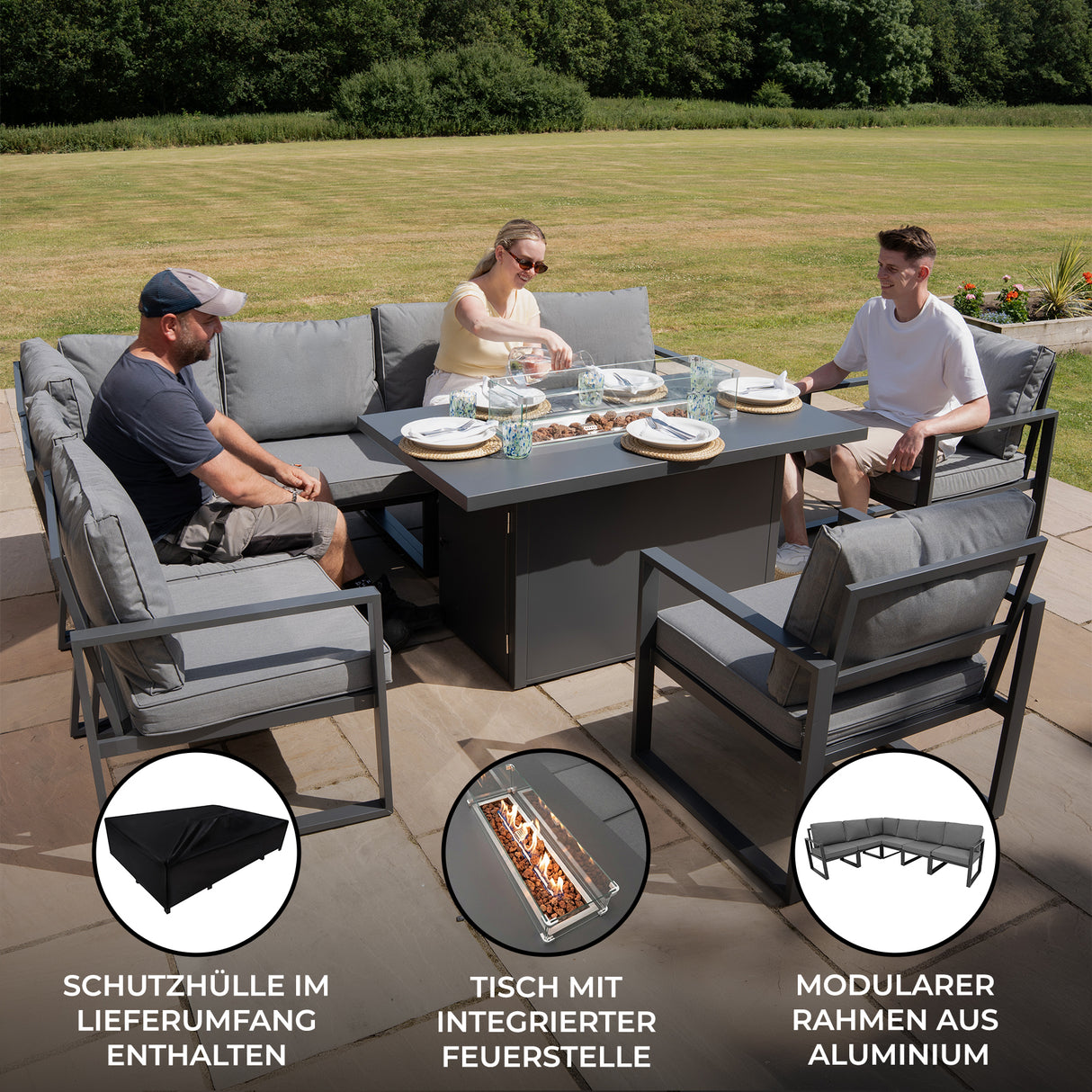 Aluminium-Gartenmöbel-Set für 7 Personen mit Feuerstelle