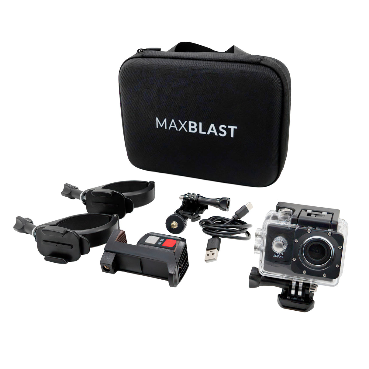 Schwarze Tragetasche mit MAXBLAST-Logo, enthält eine Kamera, Halterungen und Zubehör für den 30L Nass- & Trocken Industriestaubsauger