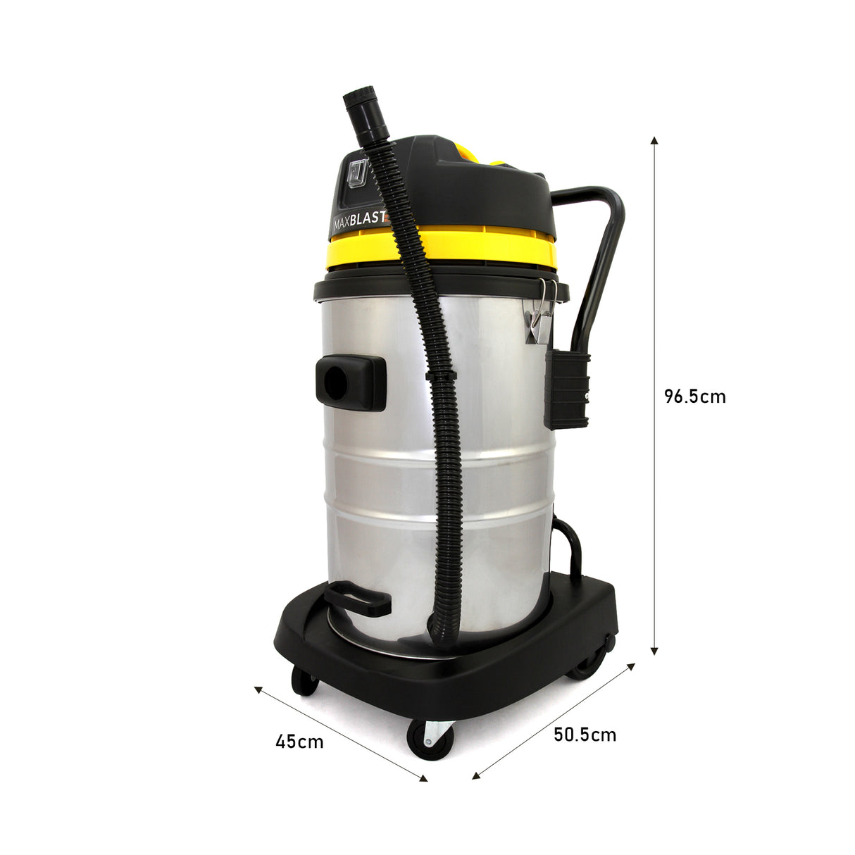 60L Nass- & Trocken Industriestaubsauger in Edelstahl mit gelben Akzenten, flexibler Schlauch, stabiler Basis und praktischen Rollen für einfache Mobilität