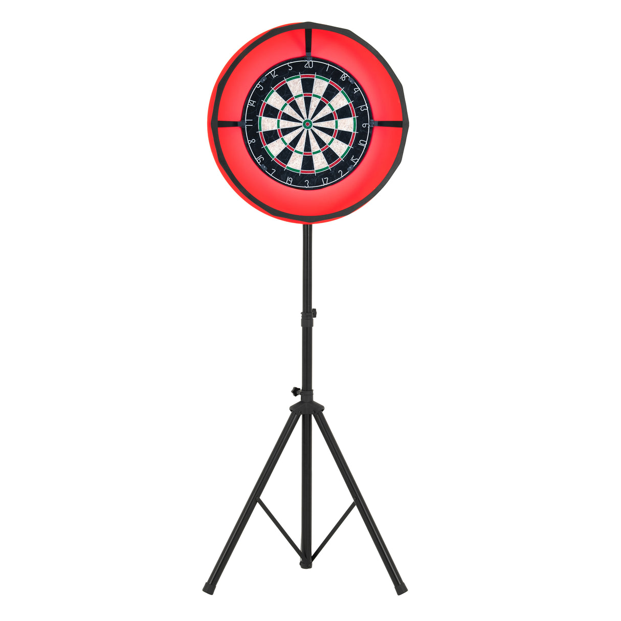 Dartboard mit LED-Ringlicht in Rot, montiert auf einem stabilen schwarzen Stativ, umgeben von einer eleganten Eichenholz-Optik
