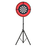 Dartboard mit LED-Ringlicht in Rot, montiert auf einem stabilen schwarzen Stativ, umgeben von einer eleganten Eichenholz-Optik