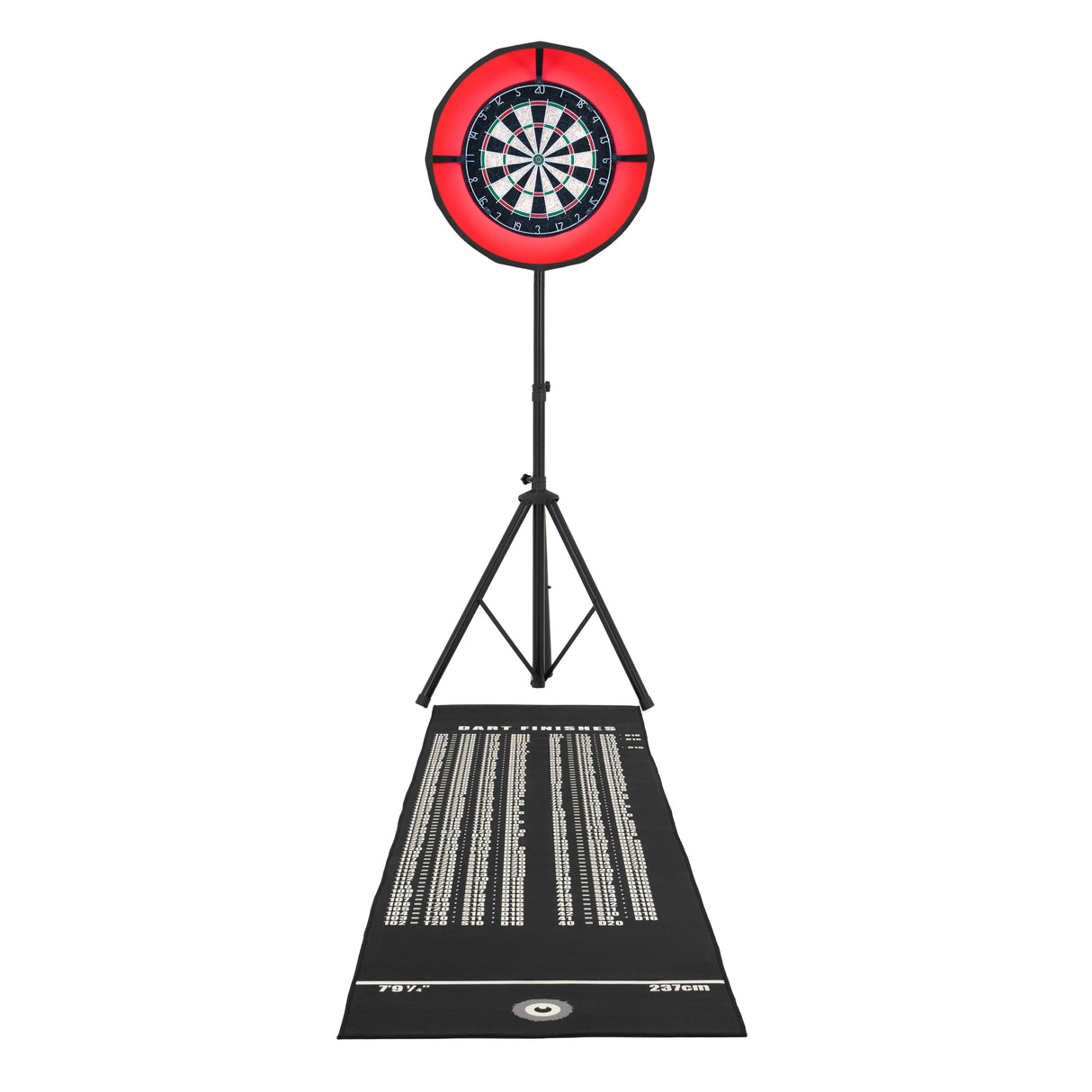Dartspiel mit LED-Ringlicht auf einem stabilen Stativ, umgeben von einem schwarzen Teppich mit Punktzahlen und einem klassischen Dartscheiben-Design