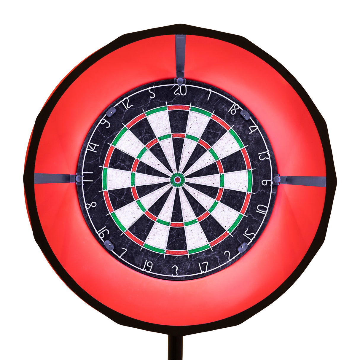 Dartboard mit LED-Ringlicht in leuchtendem Rot, zeigt ein klassisches Zielmuster mit schwarzen und weißen Segmenten, ideal für Spielabende