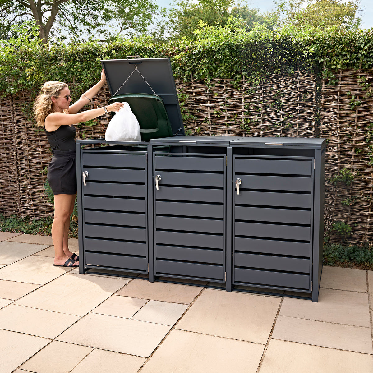 Dreifach Mülltonnenbox aus Metall mit Grauer Tür - view 12