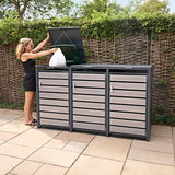 Dreifach Mülltonnenbox aus Metall mit grauholzoptischen Türen, robust und modern, ideal für die Aufbewahrung von Abfalltonnen im Garten