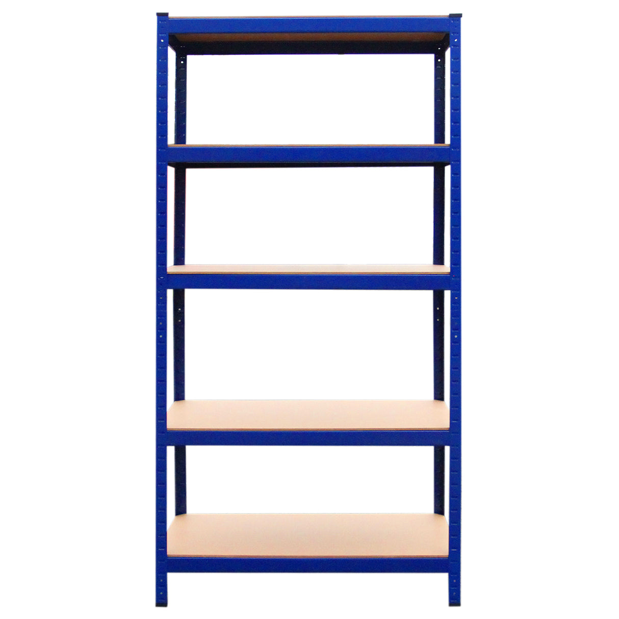 Blaues Regalsystem mit vier stabilen, hellen Ablagen, ideal für Lagerung und Organisation, Maße 90 cm x 45 cm x 182,5 cm, robustes Metallgestell