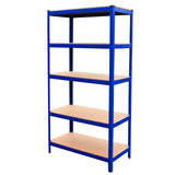 Blaues Regalsystem mit vier stabilen, braunen Regalböden aus Holz, ideal für Lagerung und Organisation, Maße 90 cm x 45 cm x 182,5 cm