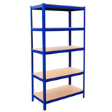 Blaues Regalsystem mit fünf stabilen, hellbraunen Regalböden und robustem Metallrahmen, ideal für Lagerung und Organisation in jedem Raum