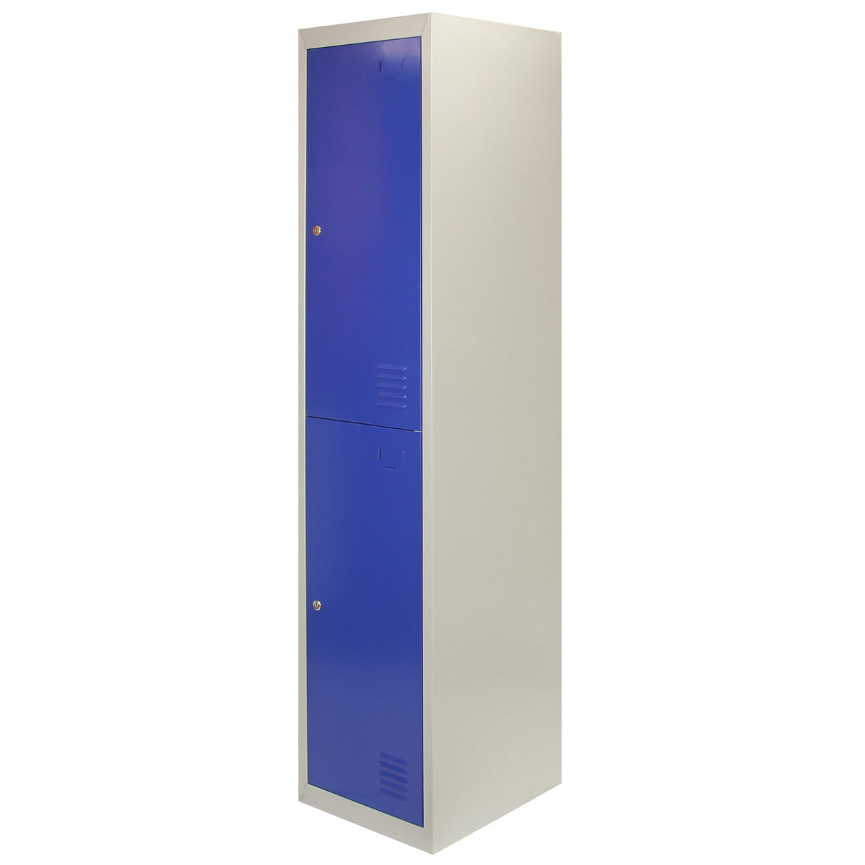 Zwei türiger Metall-Aufbewahrungsschrank in Blau und Grau, schlankes Design, ideal für Büros oder Werkstätten, flach verpackt zur einfachen Montage