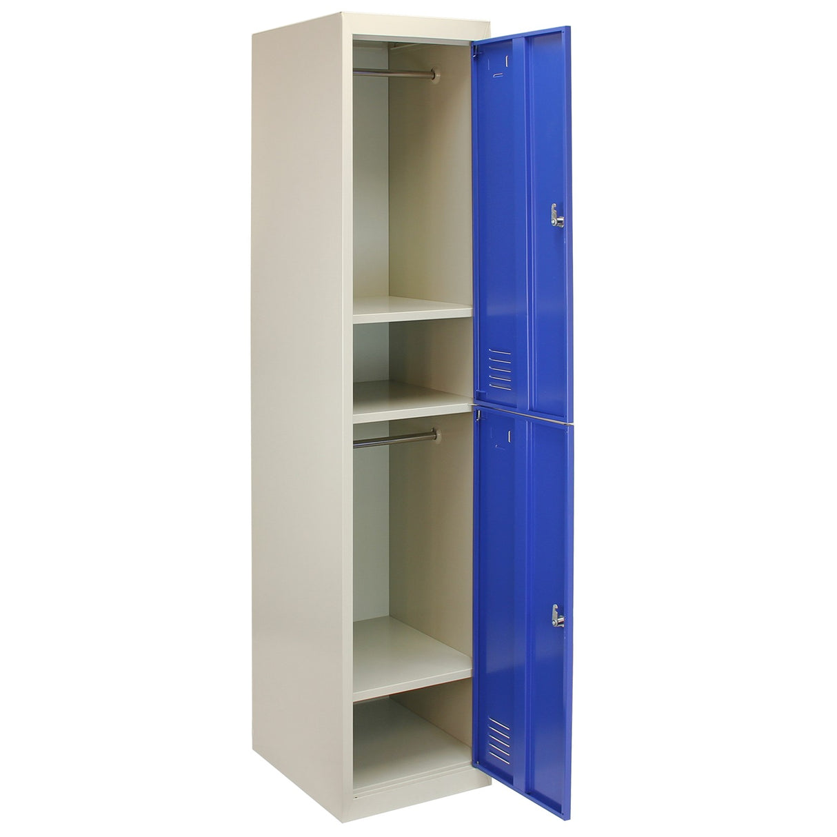 Hochschrank aus Metall in neutralem Beige mit zwei blauen Türen, bietet zwei Regalböden und eine Kleiderstange für vielseitige Aufbewahrung