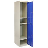 Hochschrank aus Metall in neutralem Beige mit zwei blauen Türen, bietet zwei Regalböden und eine Kleiderstange für vielseitige Aufbewahrung
