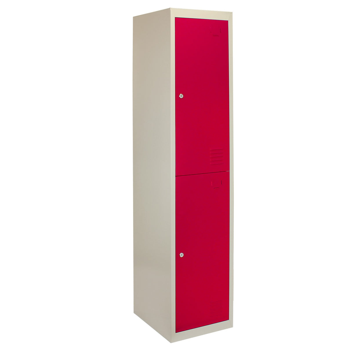 Zwei Türen Metall-Aufbewahrungsschränke in Rot und Weiß, schlankes Design, ideal für die Organisation in Schulen oder Büros, flach verpackt
