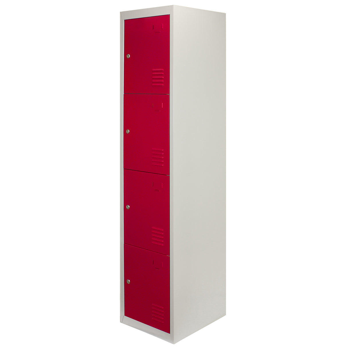 Vierstöckiger Metall-Lagerschrank in Rot und Weiß, flach verpackt, mit glatten Oberflächen und robusten Türen für sicheren Stauraum