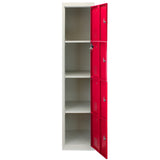 Roter Metall-Lagerschrank mit vier Türen, flach verpackt, bietet mehrere Regale und eine glatte, robuste Oberfläche für optimale Lagerung