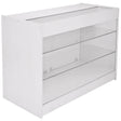 Moderne Verkaufstheke in Weiß mit klaren Glasregalen, ideal für Empfangsbereiche, bietet eleganten Stauraum und Sichtbarkeit für Produkte