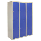 Drei Metall-Aufbewahrungsschränke mit zwei blauen Türen, rechteckig, in flachverpackter Form, ideal für Ordnung und Stauraum in verschiedenen Räumen