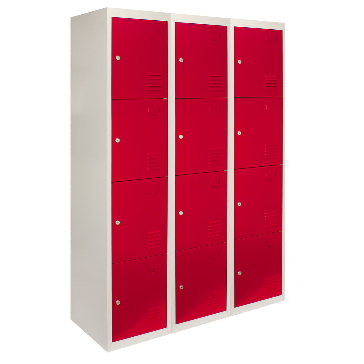 Vier rote Metall-Lagerschränke mit jeweils zwei Türen, flach verpackt, in einem modernen, minimalistischen Design mit glatter Oberfläche und stabiler Konstruktion