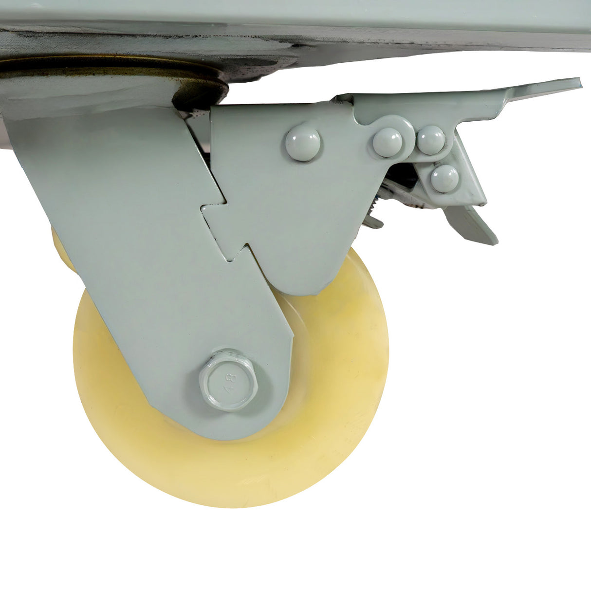 Graue Metallrolle mit gelbem Gummi, stabil und robust, ideal für den gewerblichen Einsatz in Küchen und Backöfen, sorgt für einfache Mobilität