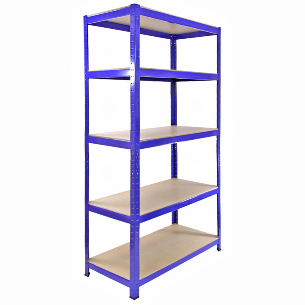 Blaue Regal- und Feldverbinder aus robustem Metall, 90 cm hoch, mit fünf stabilen, hellen Ablagen für vielseitige Lagerung und Organisation