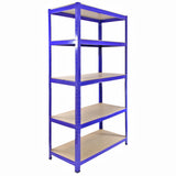 Blaue Regal- und Feldverbinder aus robustem Metall, 90 cm hoch, mit fünf stabilen, hellen Ablagen für vielseitige Lagerung und Organisation