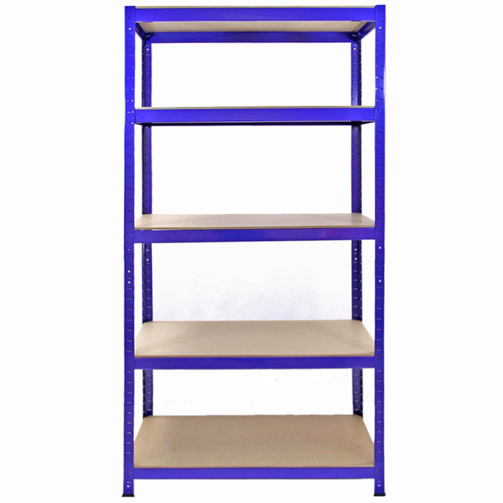 Blaue Regal- und Feldverbinder aus robustem Metall mit fünf stabilen, hellen Ablagen, ideal für Lagerung und Organisation in verschiedenen Räumen
