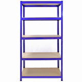 Blaue Regal- und Feldverbinder aus robustem Metall mit fünf stabilen, hellen Ablagen, ideal für Lagerung und Organisation in verschiedenen Räumen