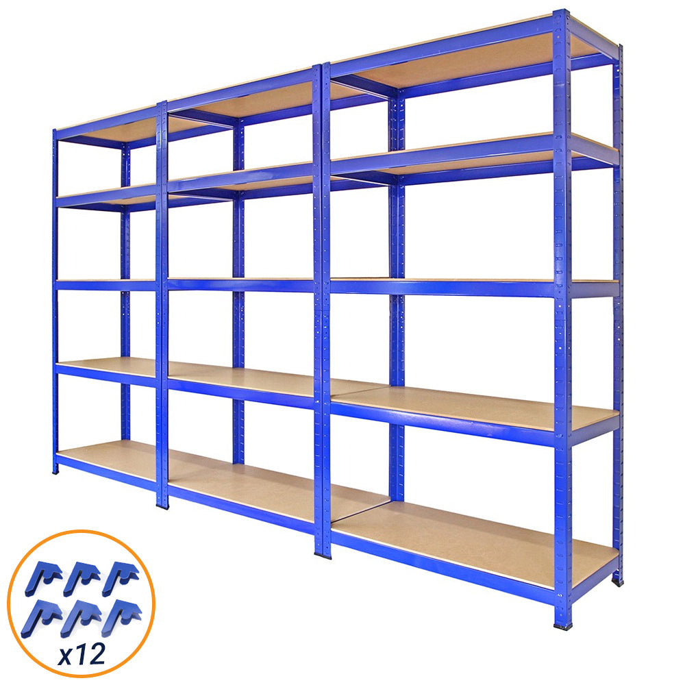 Blaue Regal- und Feldverbinder aus robustem Metall, 90 cm hoch, mit stabilen Holzregalen, ideal für Lagerung und Organisation in verschiedenen Räumen