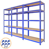 Blaue Regal- und Feldverbinder aus robustem Metall, 90 cm hoch, mit stabilen Holzregalen, ideal für Lagerung und Organisation in verschiedenen Räumen