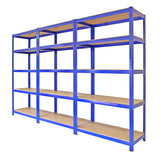 Blaue Regal- und Feldverbinder aus robustem Metall, mit stabilen, breiten Regalböden aus Holz, ideal für Lagerung und Organisation