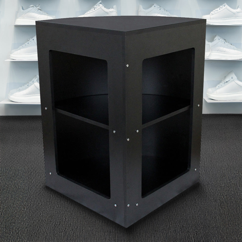 Schwarze Ecktheke aus robustem Material mit zwei offenen Regalen, ideal für Einzelhandelsgeschäfte, modernes Design und praktische Nutzung