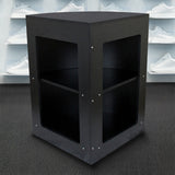 Schwarze Ecktheke aus robustem Material mit zwei offenen Regalen, ideal für Einzelhandelsgeschäfte, modernes Design und praktische Nutzung