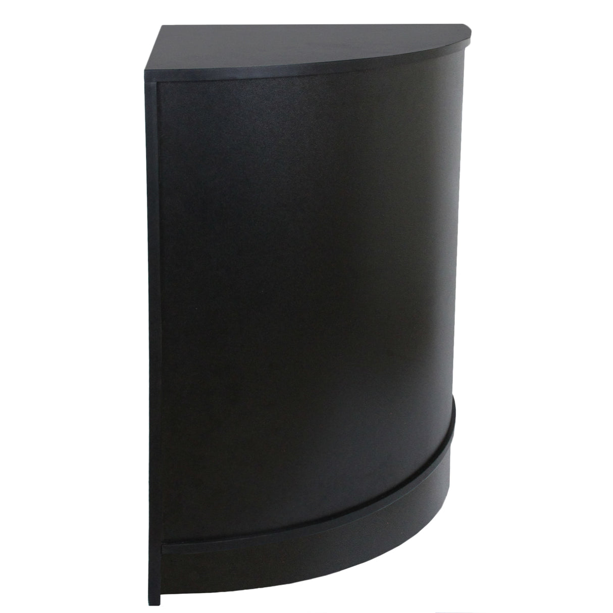Schwarze Ecktheke aus robustem Material, mit abgerundeter Form und glatter Oberfläche, ideal für Einzelhandelsgeschäfte und Verkaufsräume