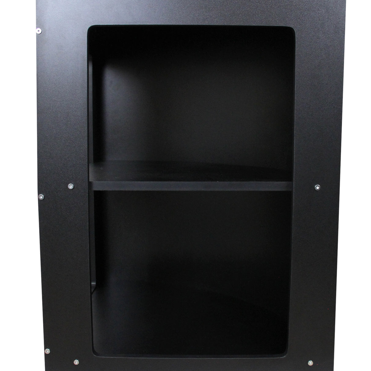 Schwarze Ecktheke für Einzelhandelsgeschäfte mit glatter Oberfläche, zwei offenen Regalen und modernem, minimalistischen Design