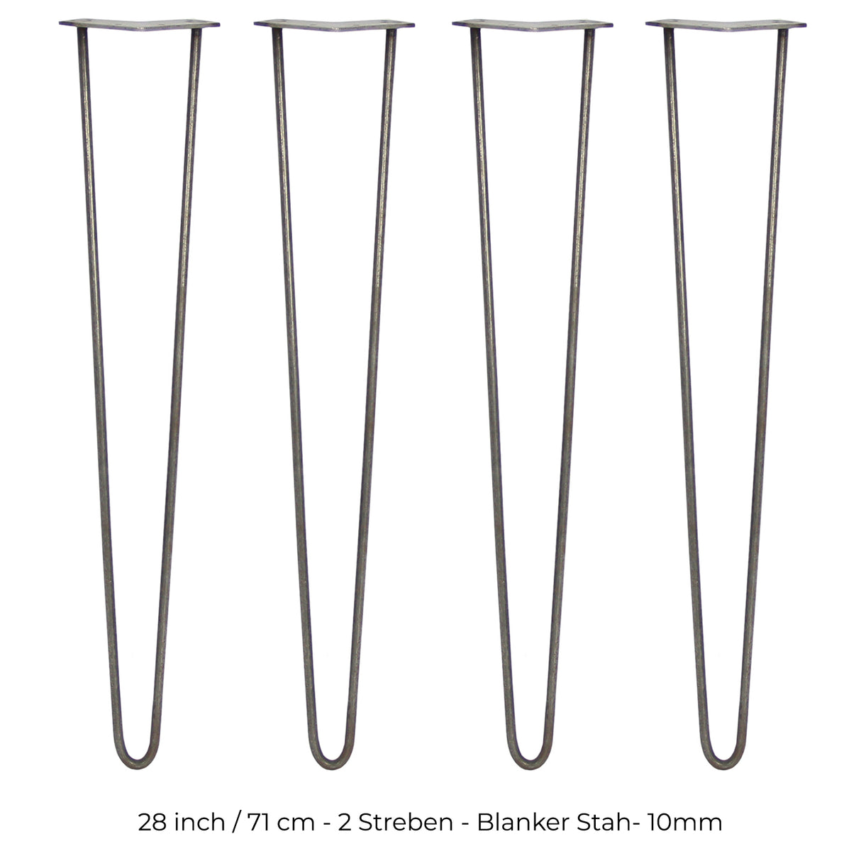 Vier 71 cm lange Hairpin Tischbeine aus Rohstahl mit zwei Streben, schlankem Design und glatter, grauer Oberfläche, ideal für moderne Möbelprojekte