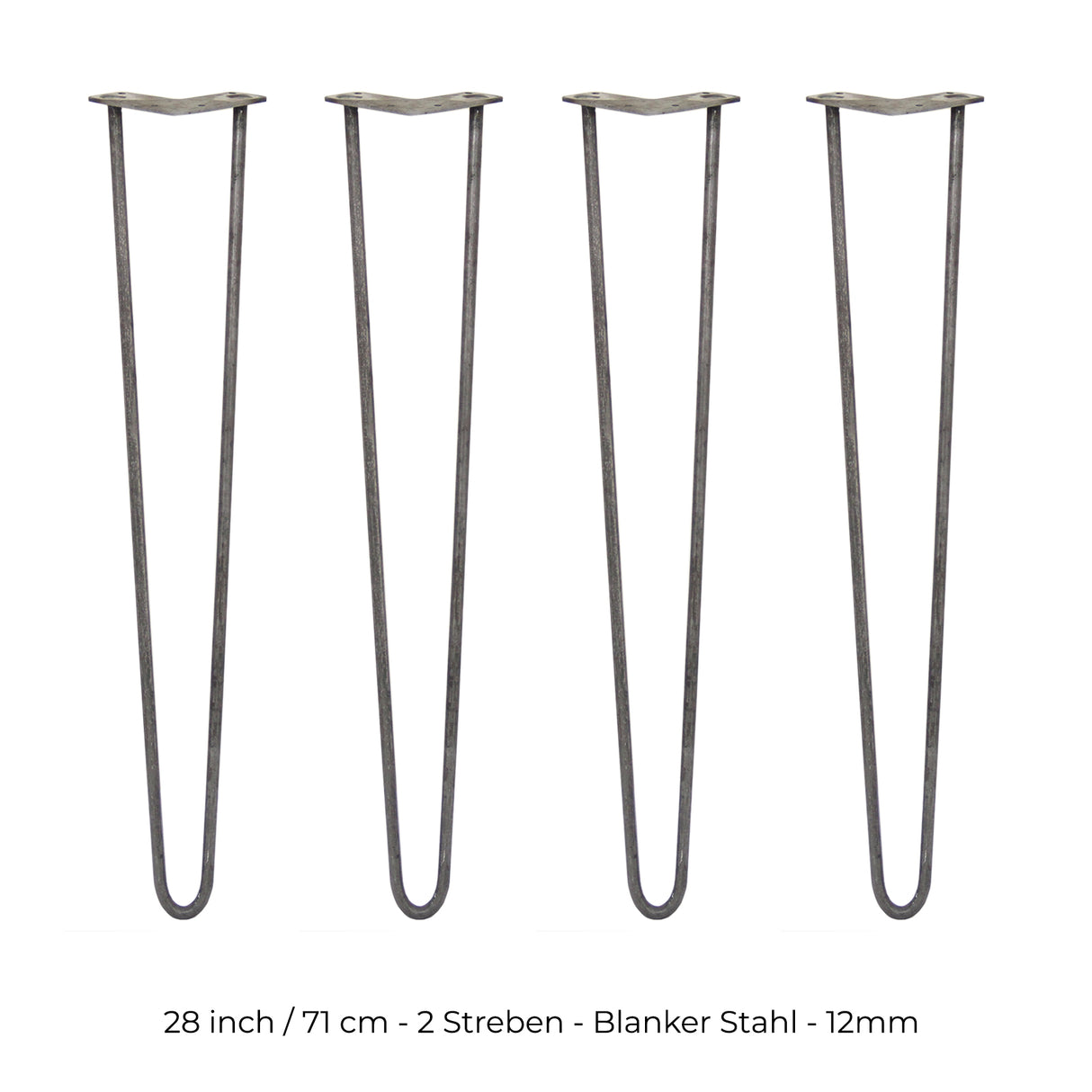 Vier 71 cm hohe Hairpin Tischbeine aus rohem Stahl mit zwei Streben, schlankem Design und einer Dicke von 12 mm, ideal für moderne Möbelprojekte