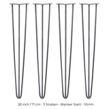 Vier 71 cm hohe Hairpin Tischbeine aus Rohstahl mit drei Streben, schlankes Design, matte Oberfläche und stabiler Konstruktion für Möbelprojekte