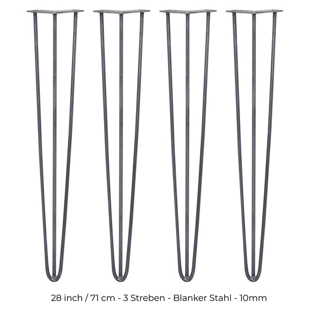 Vier 71 cm hohe Hairpin Tischbeine aus Rohstahl mit drei Streben, schlankes Design, matte Oberfläche und stabiler Konstruktion für Möbelprojekte