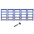 Platzsparendes, schraubenloses 5-stufiges Garagenregalsystem in Blau mit stabilen Holzregalen, ideal für die Aufbewahrung von Werkzeugen und Zubehör