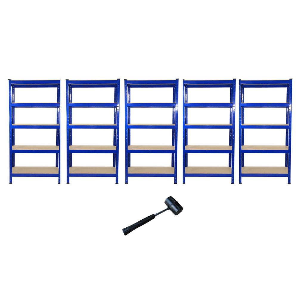Platzsparendes, schraubenloses 5-stufiges Garagenregalsystem in Blau mit stabilen Holzregalen, ideal für die Aufbewahrung von Werkzeugen und Zubehör