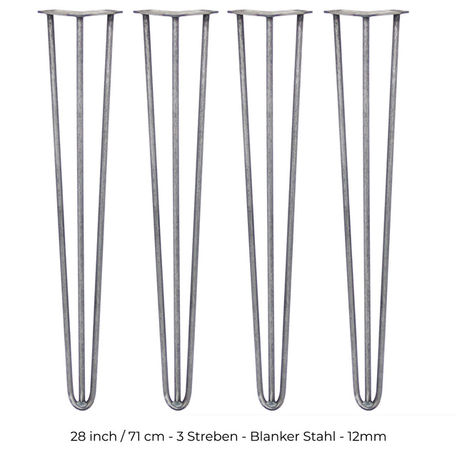 Vier 71 cm hohe Hairpin Tischbeine aus rohem Stahl mit drei Streben, schlankem Design und grauer, metallischer Oberfläche für moderne Möbelprojekte