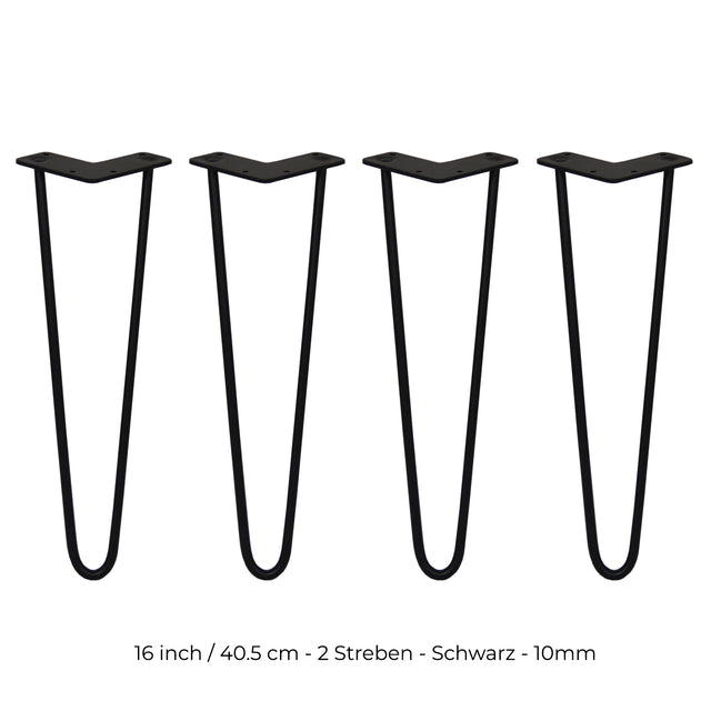 Schwarze Hairpin Tischbeine mit zwei Streben, 40,5 cm hoch, aus robustem Metall, elegant geschwungene Form für moderne Möbelgestaltung