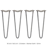 Vier 40,5 cm lange Hairpin Tischbeine aus rohem Stahl mit zwei Streben, schlankem Design und robustem, industriellem Look