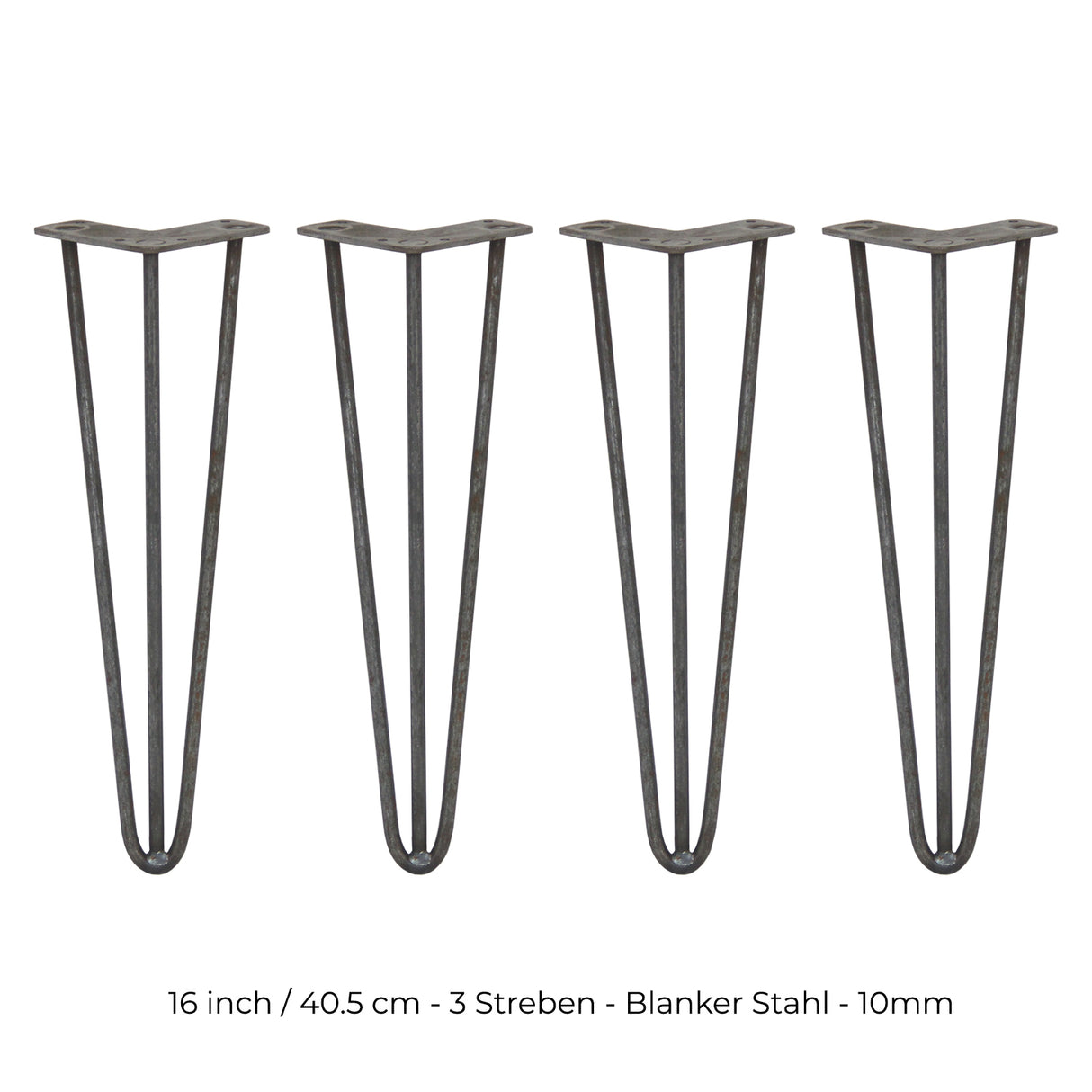 Vier robuste Hairpin Tischbeine aus Rohstahl, 40,5 cm hoch, mit drei Streben, elegant geschwungen und ideal für moderne Möbelgestaltungen