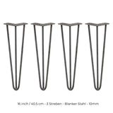 Vier robuste Hairpin Tischbeine aus Rohstahl, 40,5 cm hoch, mit drei Streben, elegant geschwungen und ideal für moderne Möbelgestaltungen